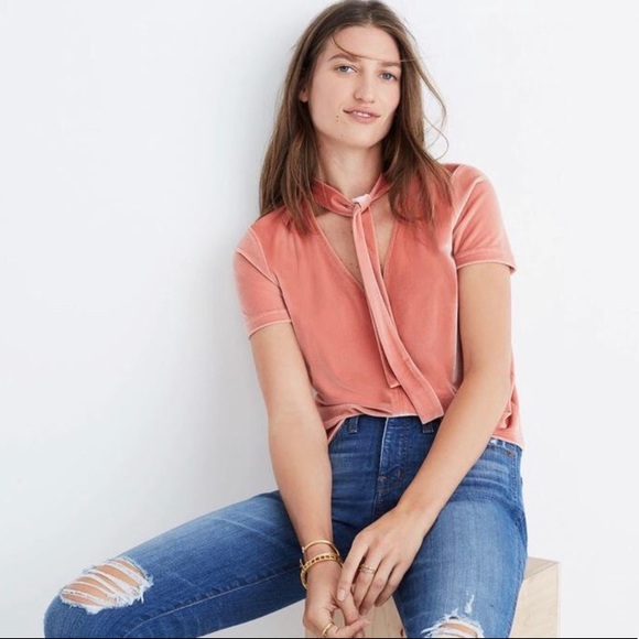 MADEWELL rose gold pink velvet tie neck top - Picture 1 of 6